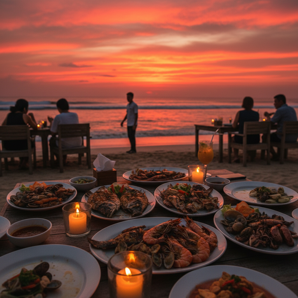 짐바란 해변에 차려진 저녁 식탁, 촛불과 함께 노을 지는 바다를 배경으로 한 씨푸드 요리