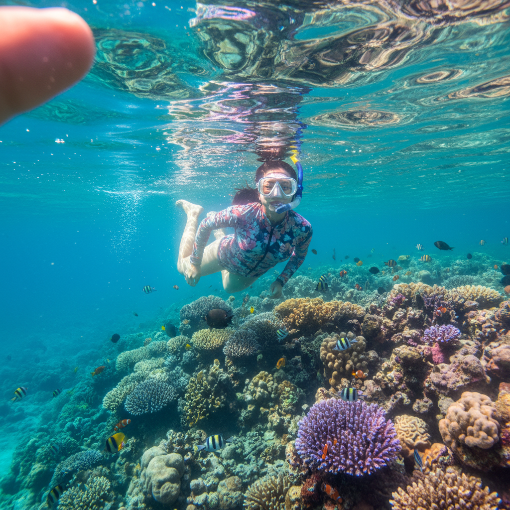 누사페니다 바다 속, 형형색색의 산호와 열대어 사이를 유영하는 스노클러