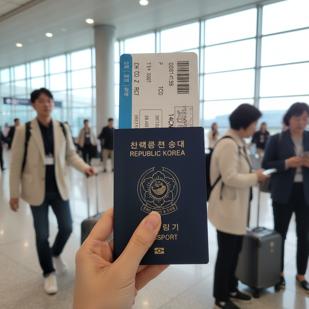 인천공항 출발 전, 설레는 마음으로 찍은 비행기 티켓과 여권