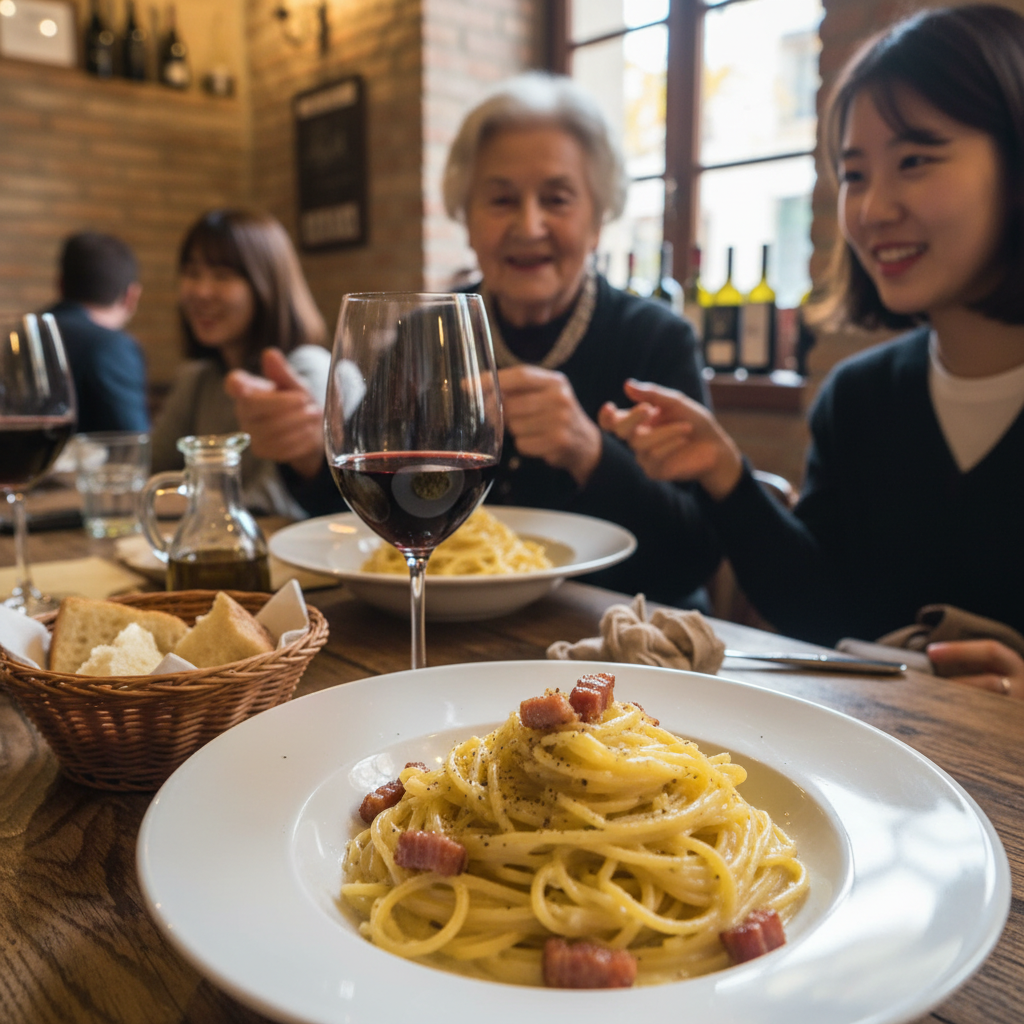 현지인 할머니가 추천해준 로컬 식당의 까르보나라 파스타와 와인 한 잔