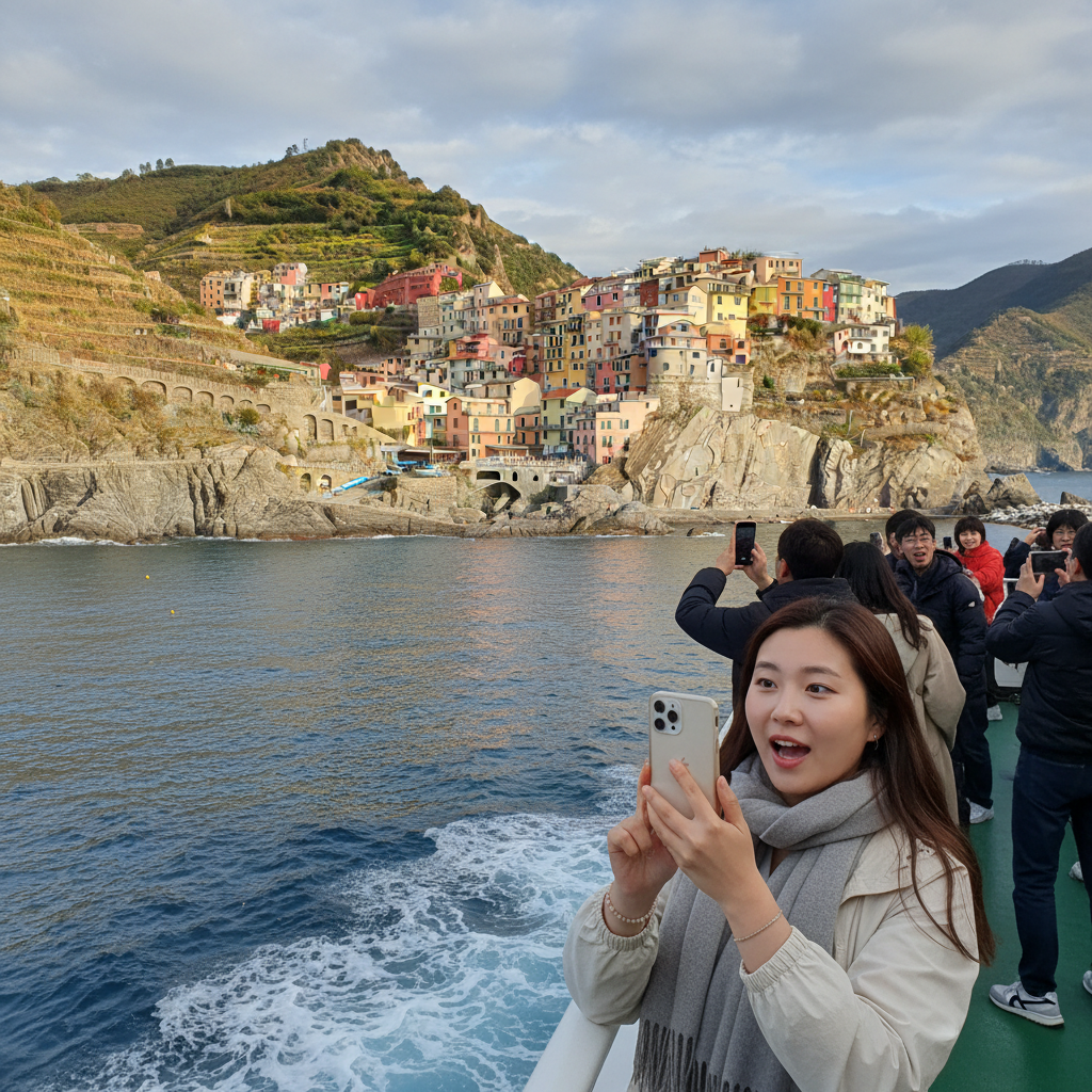 기차 파업 때문에 우연히 타게 된 페리에서 바라본 친퀘테레 해안 절벽 마을의 환상적인 풍경