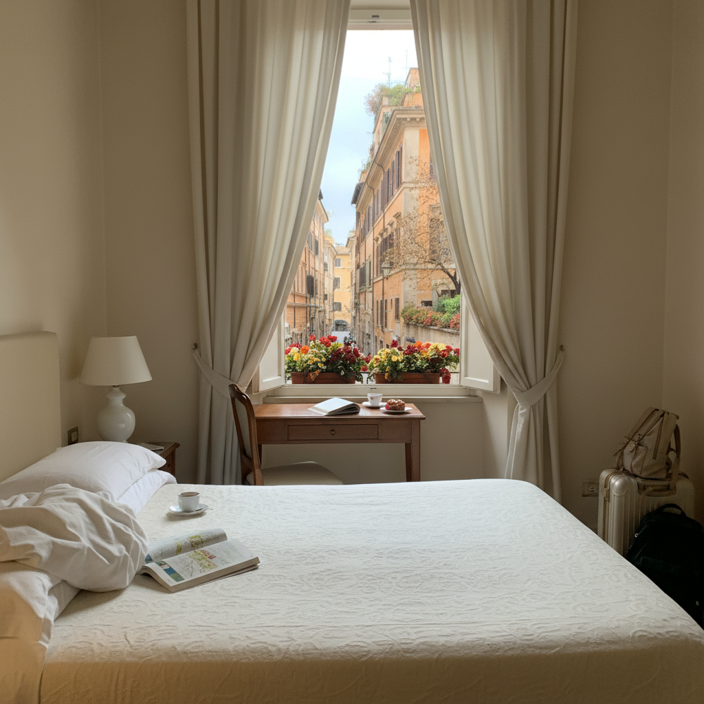 로마 시내의 깔끔하고 아늑한 호텔 방, 창밖으로 보이는 유럽식 건물
