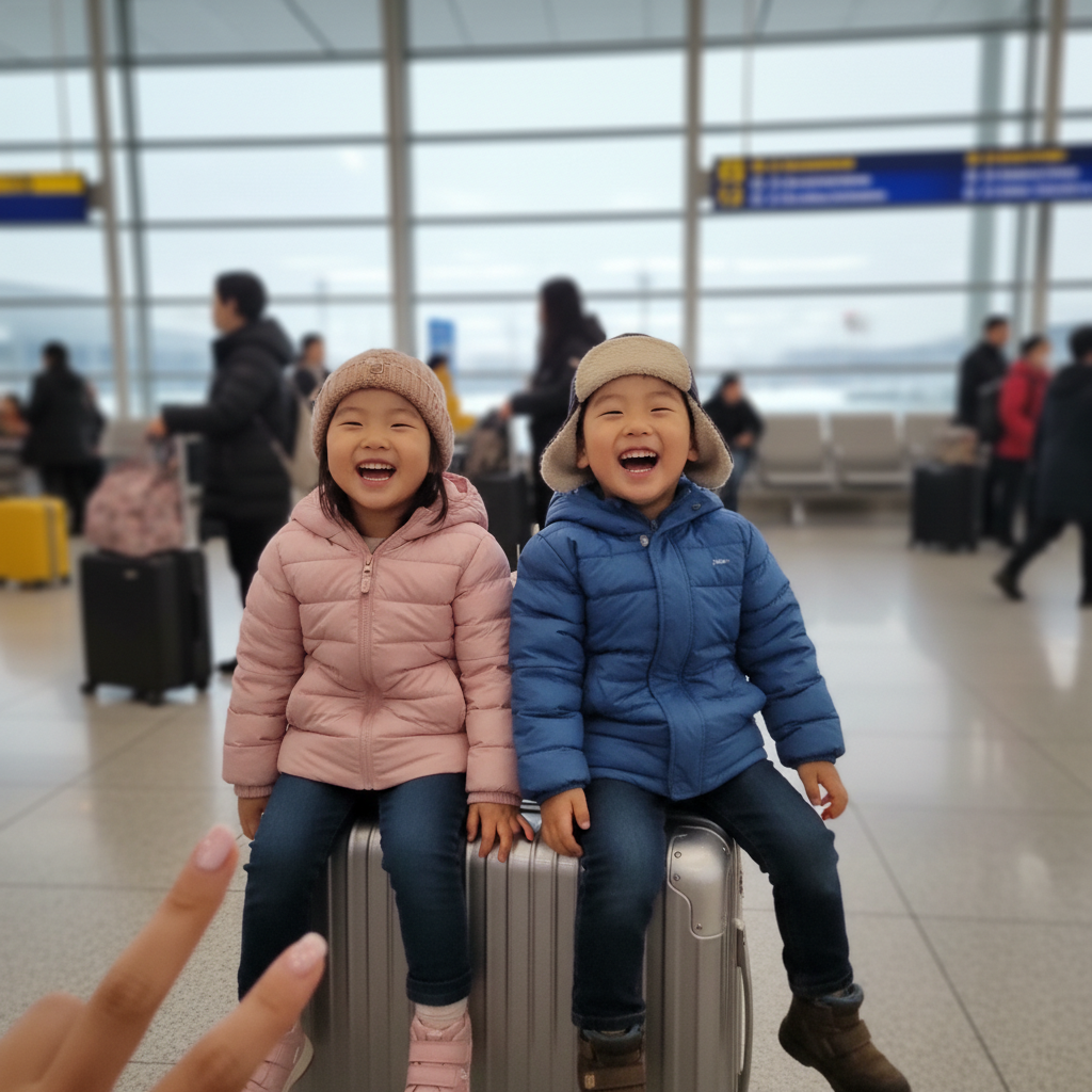 공항 출발 전, 캐리어에 나란히 앉아 신나게 웃고 있는 두 아이