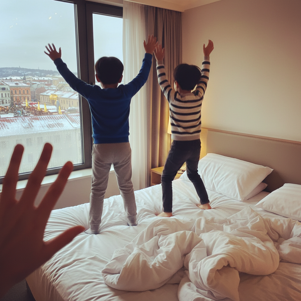 호텔 방 침대 위에서 신나게 점프하는 아이들의 뒷모습