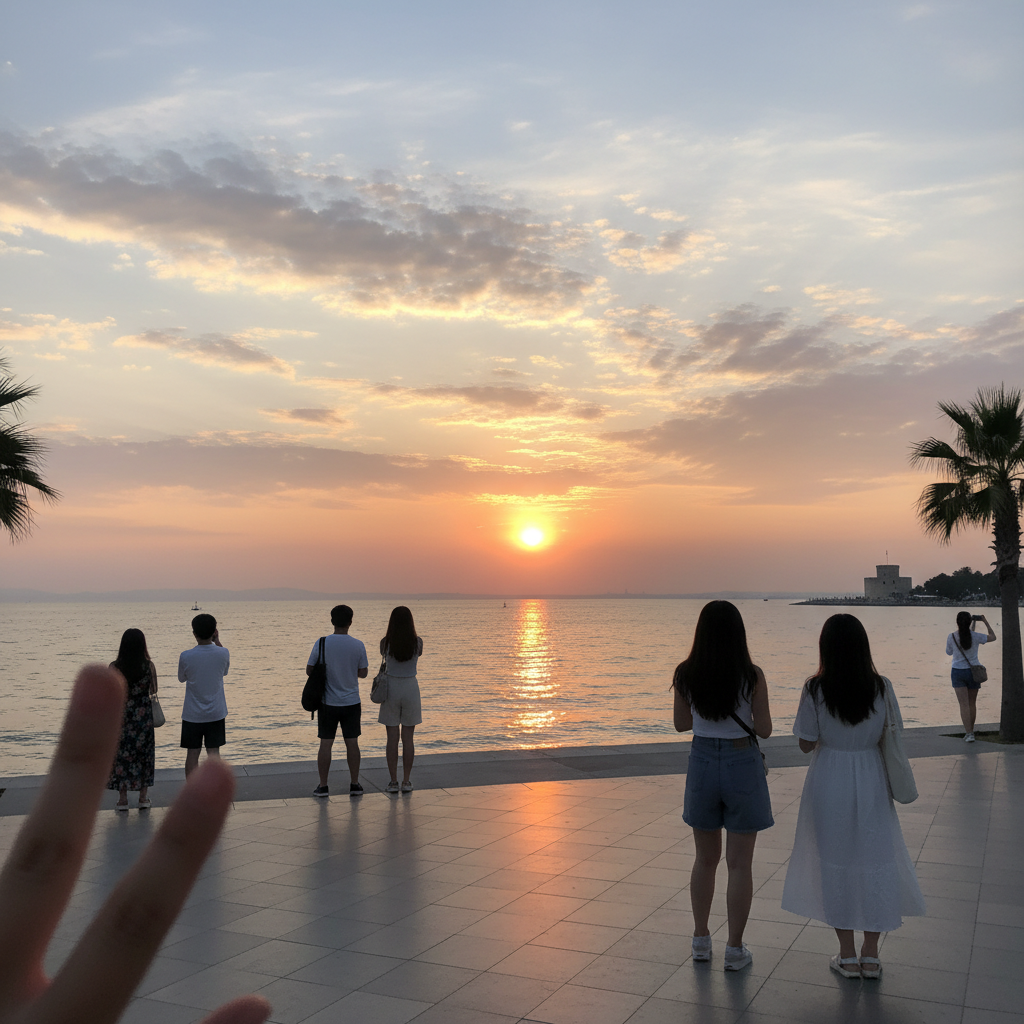 테살로니키의 해 질 녘 해변 풍경