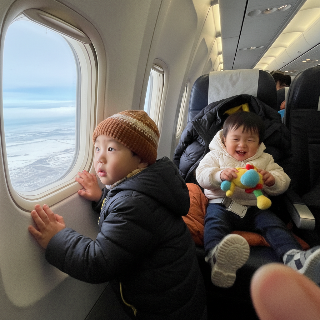 비행기 창밖을 신기하게 내다보는 첫째와 좌석에서 장난치는 둘째