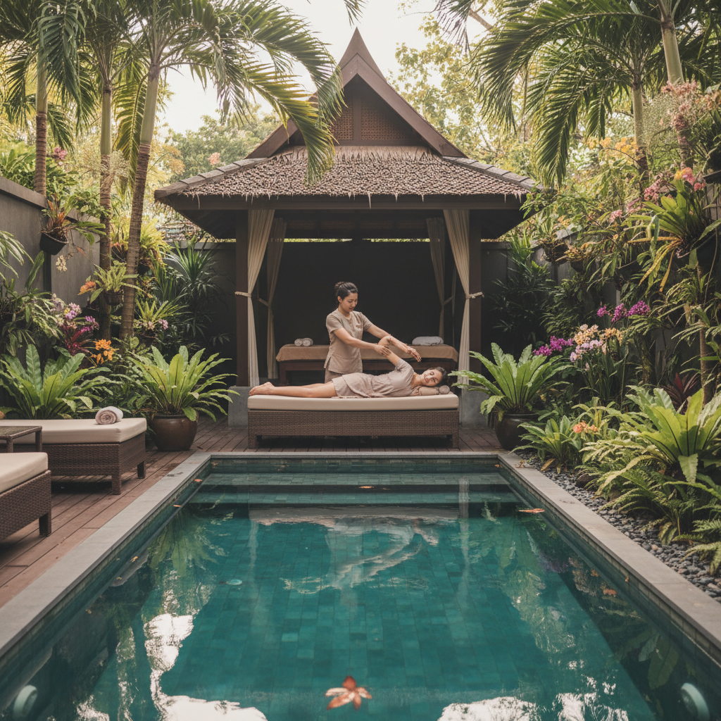 프라이빗 풀과 열대 식물로 둘러싸인 고요한 스파 공간