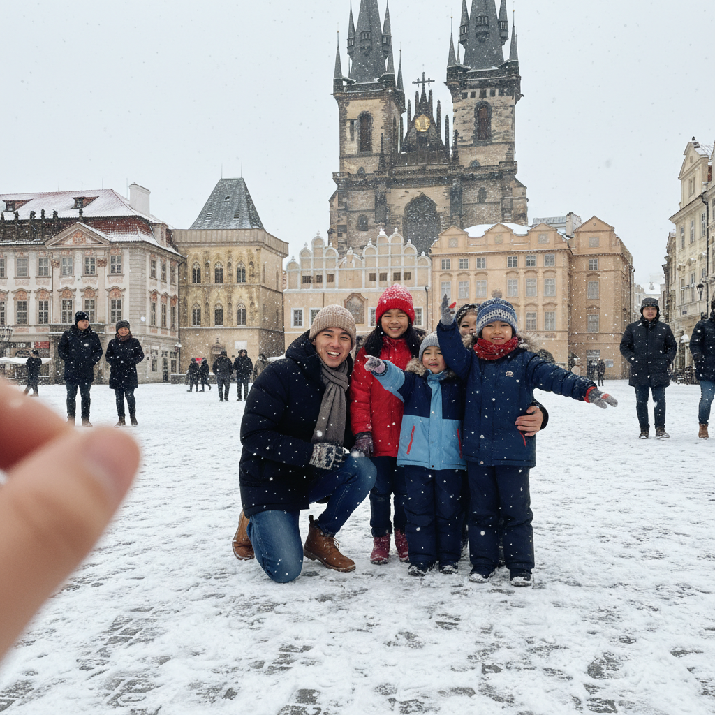 눈 내리는 프라하 구시가지 광장에서 아이들과 함께 찍은 가족 사진