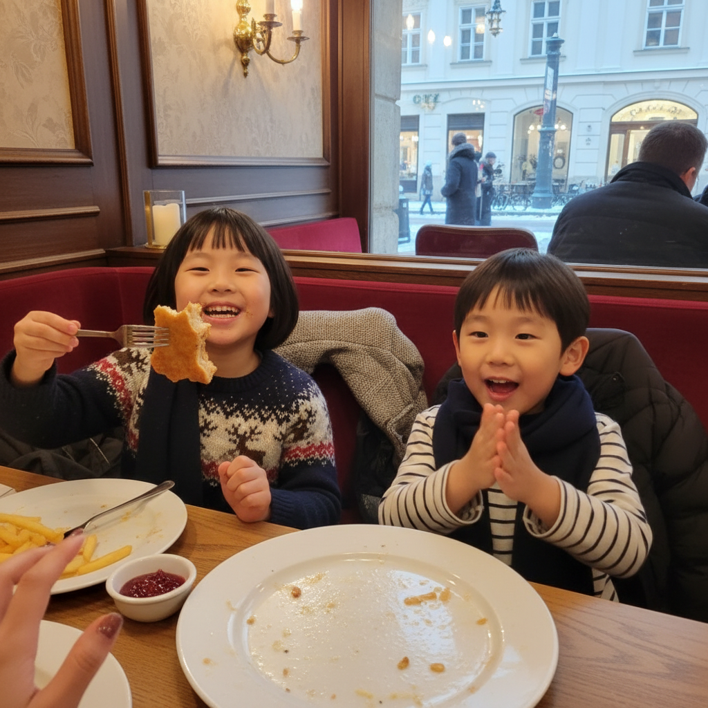 비엔나 레스토랑에서 슈니첼을 맛있게 먹는 아이들