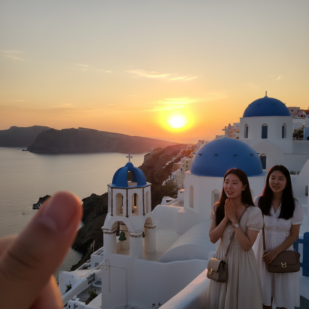 산토리니 이아 마을의 유명한 파란 돔과 함께 보이는 환상적인 일몰