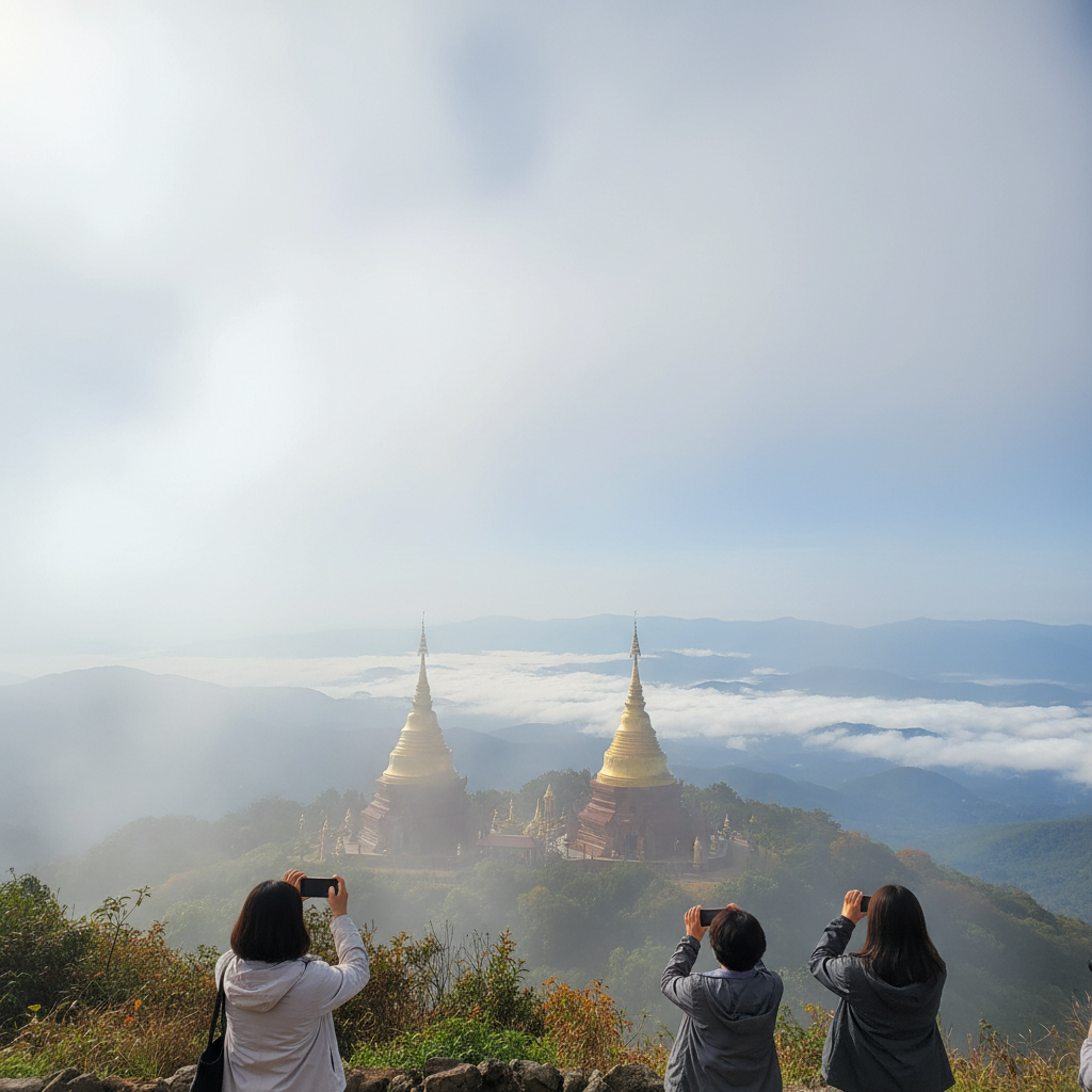 안개에 휩싸인 도이 인타논 정상의 쌍둥이 탑
