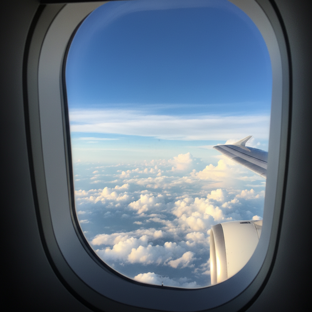 비행기 창밖으로 보이는 푸른 하늘과 흰 구름