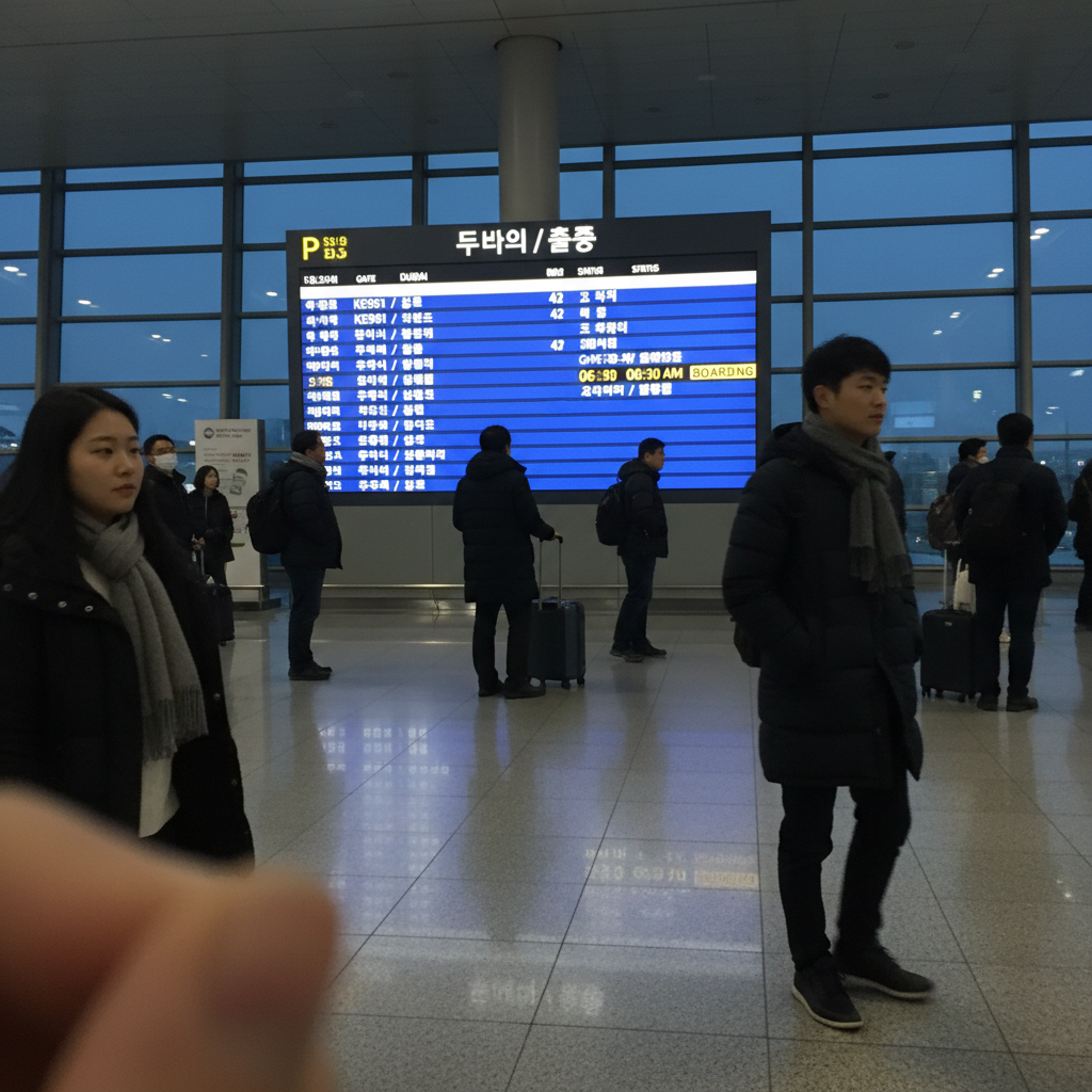 어두운 새벽, 공항 출발층 전광판에 '두바이' 행 비행기 정보가 떠 있는 모습