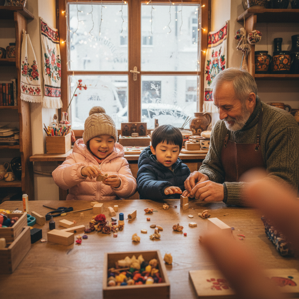 부다페스트 공방에서 전통 공예품 만들기를 체험하는 아이들