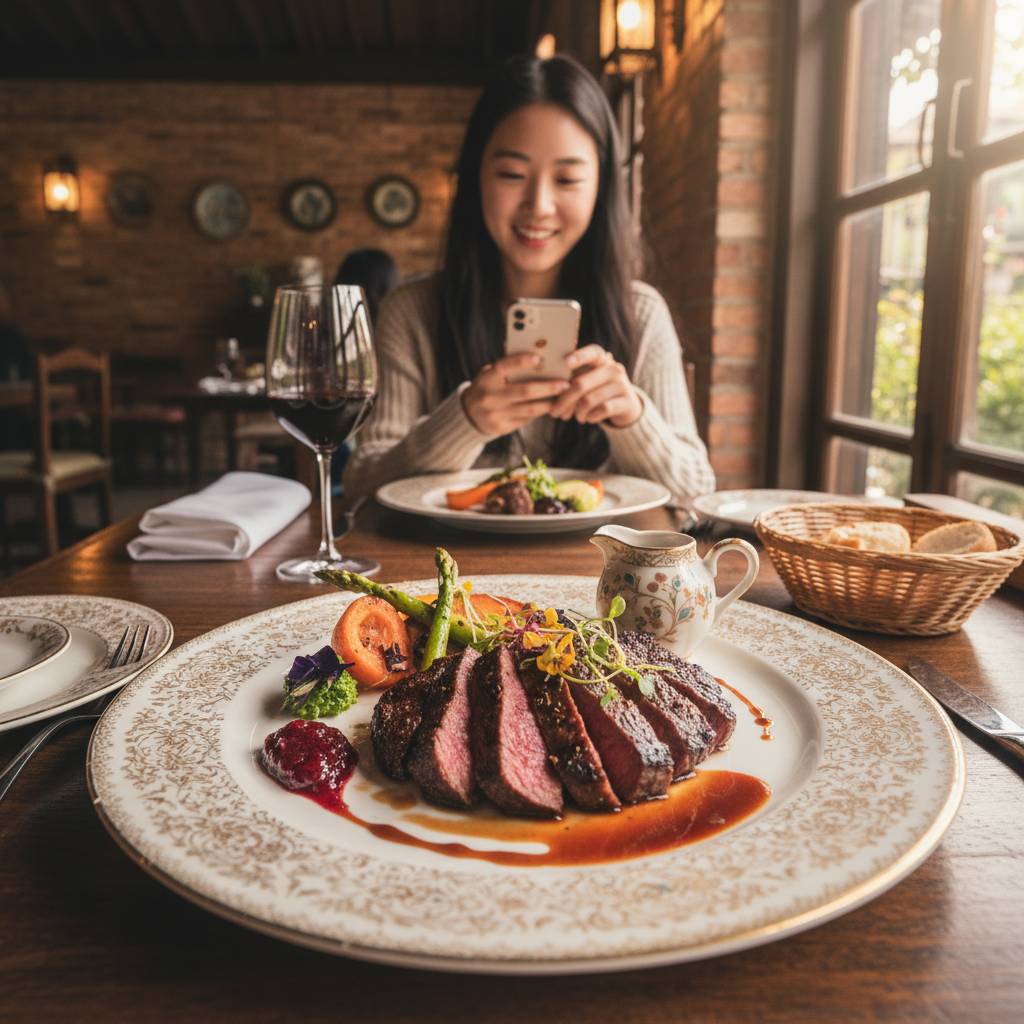 앤티크한 접시에 예술 작품처럼 담긴 와규 스테이크와 가니쉬