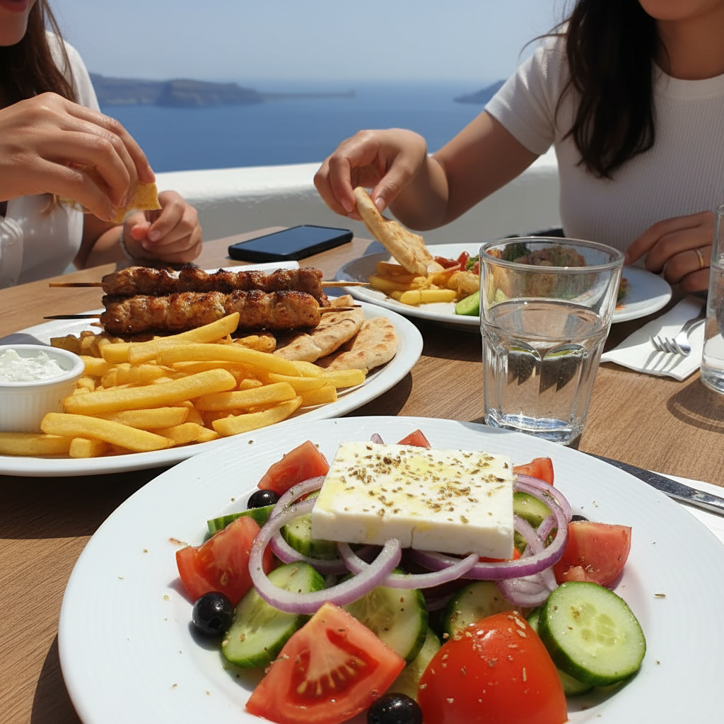 노천카페에서 먹는 수블라키와 그리스식 샐러드