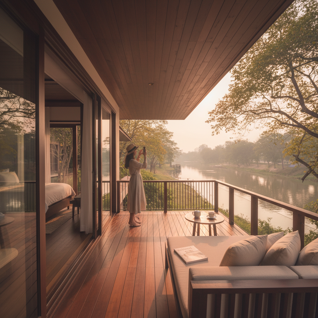 핑 강이 내려다보이는 넓은 발코니가 있는 아난타라 호텔의 스위트룸