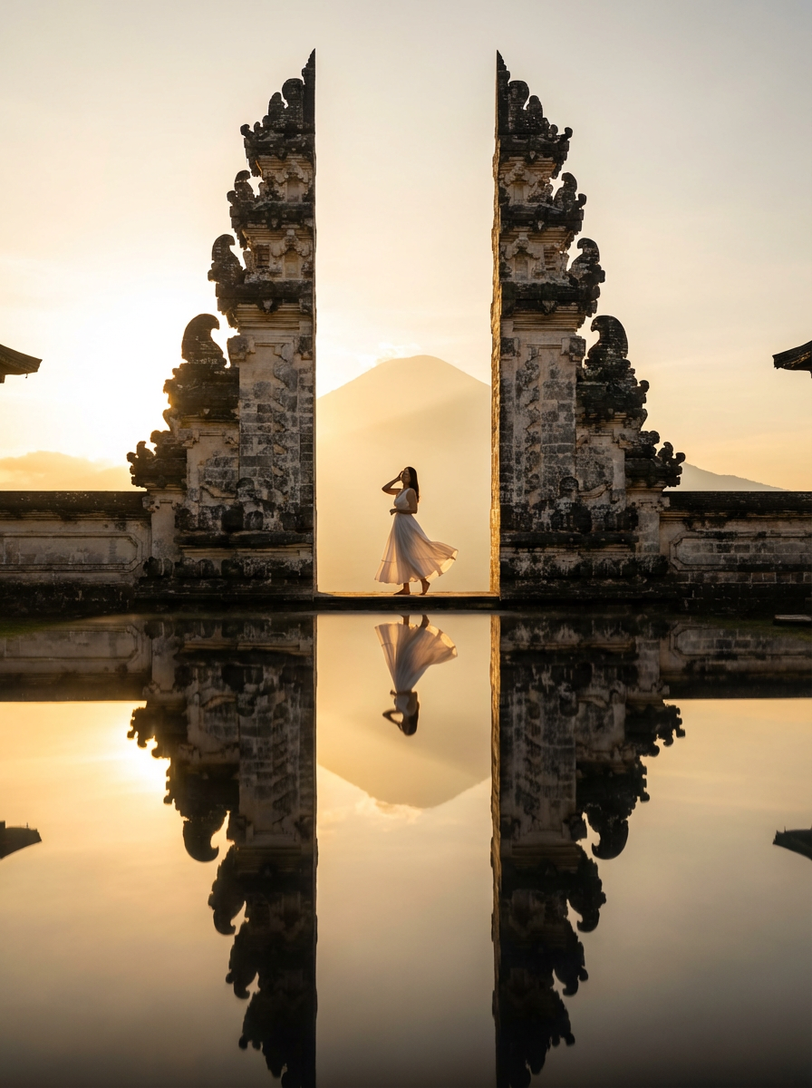 발리 렘푸양 사원의 천국의 문 앞에서 우아하게 포즈를 취하는 여성