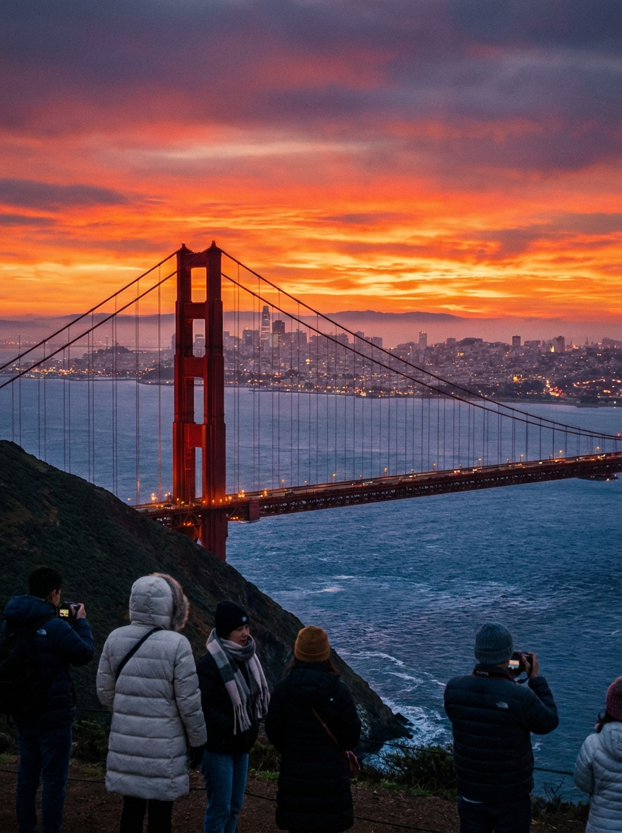 겨울 저녁 노을이 퍼지는 샌프란시스코 금문교, 해안과 도시가 아련하게 뒤섞인 전경. 붉은빛 교각과 푸른만, 반짝이는 시내, 그리고 두꺼운 오리털 잠바와 목도리를 두른 관광객들 모습이 조화를 이루고 있음.