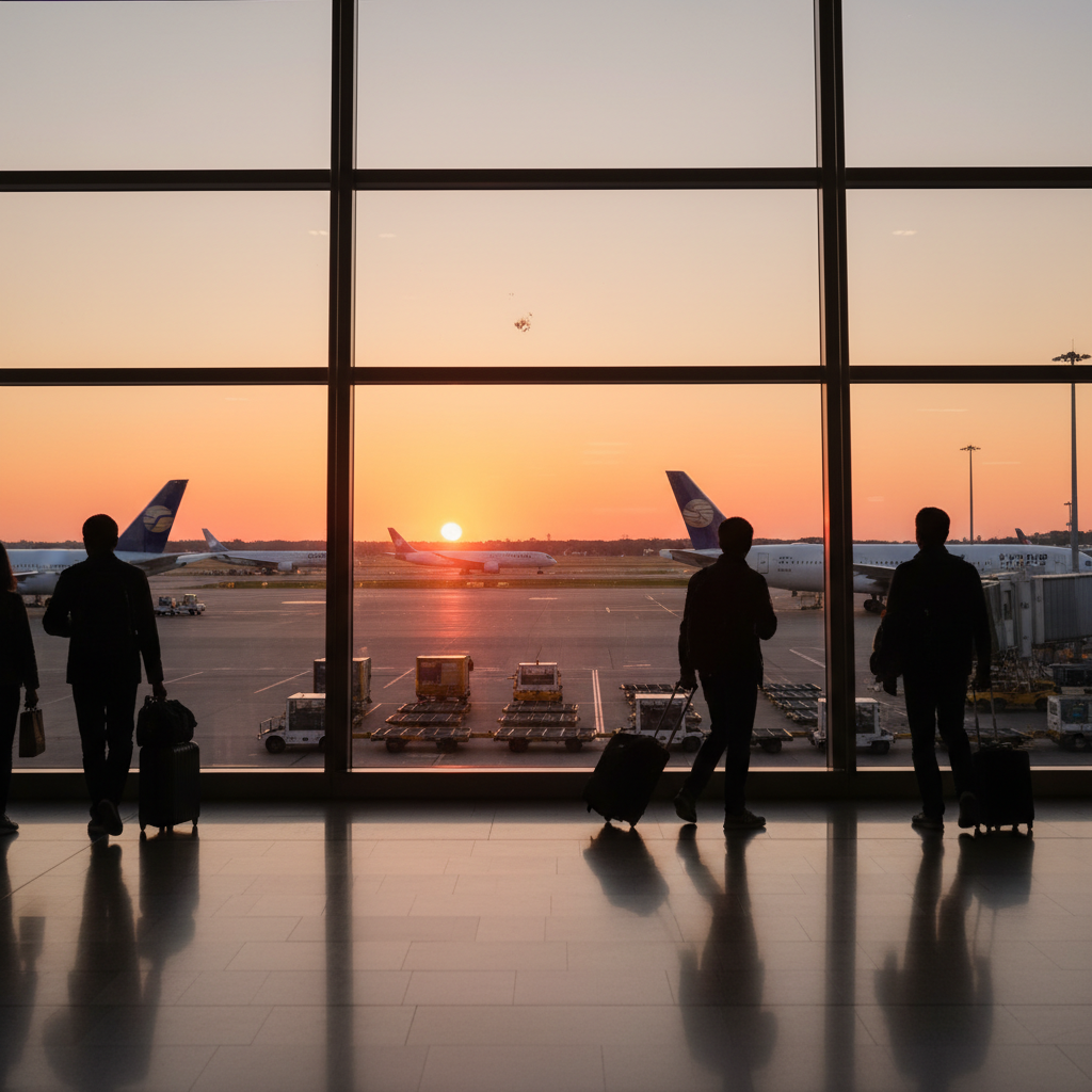 시드니 킹스포드 스미스 공항에 도착해 대합실 유리창 너머로 보이는 활주로와 비행기들의 모습. 붉은 석양빛이 공항 안으로 들어와 여행의 설렘과 기대가 묻어나는 장면
