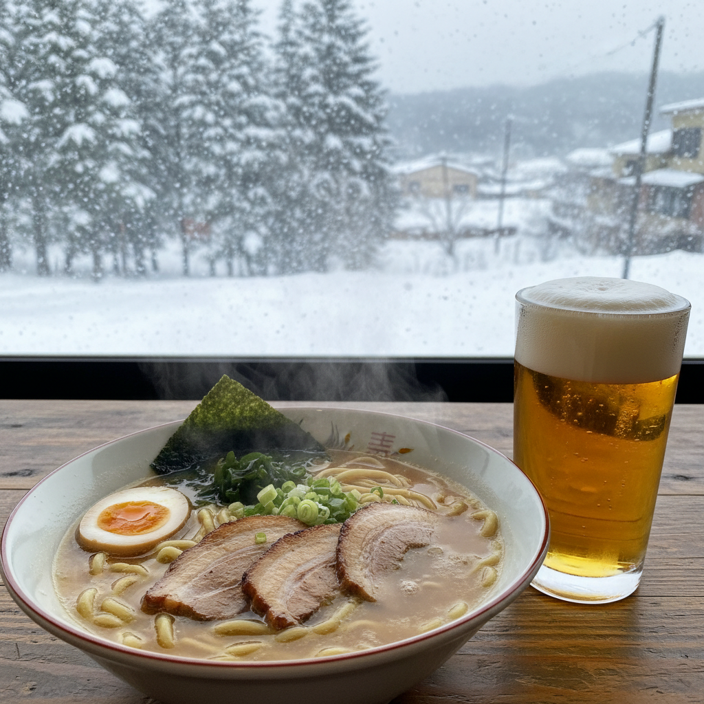 스팀이 모락모락 올라오는 미소 라멘 한 그릇과 그 옆에 놓인 맥주 한 잔, 창문 너머로 눈 내리는 풍경이 보인다
