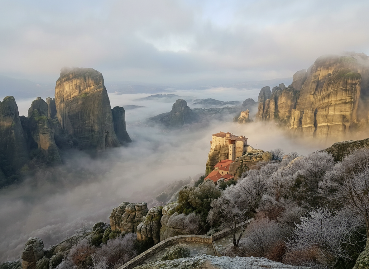 겨울 아침 안개에 싸인 메테오라 수도원 전경, 거대한 바위 기둥 위에 자리한 수도원과 아래로 펼쳐진 평원이 희미하게 보이는 신비로운 분위기