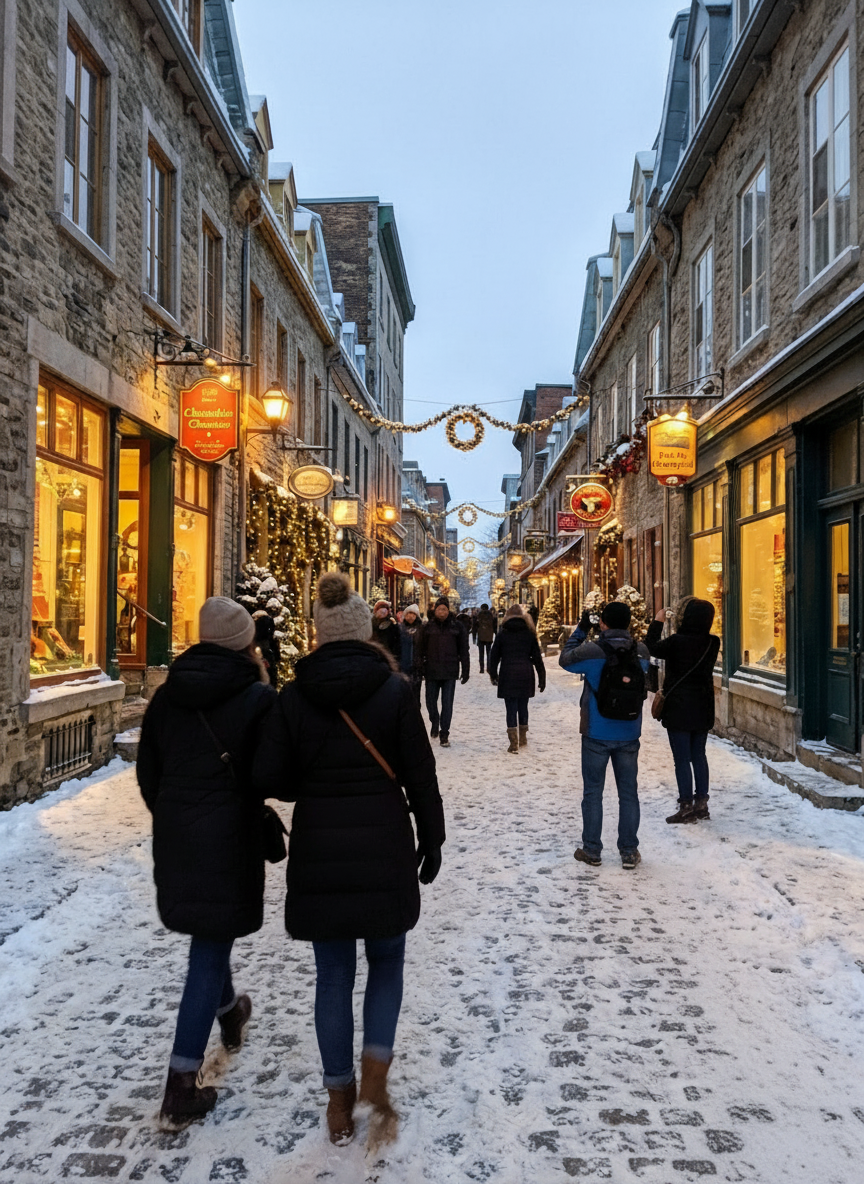 눈 덮인 퀘벡 시티 쁘띠 샹플랭 거리의 저녁 풍경