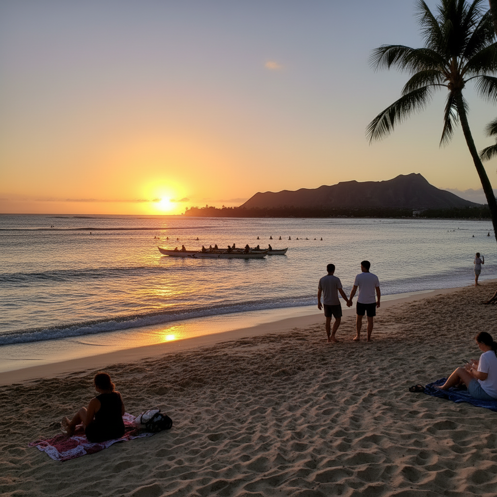 와이키키 해변의 환상적인 일몰 풍경