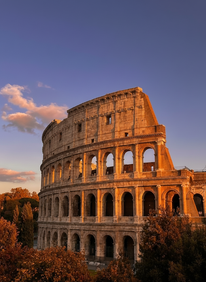 해질녘 노을빛을 받아 황금색으로 빛나는 로마 콜로세움의 웅장한 전경