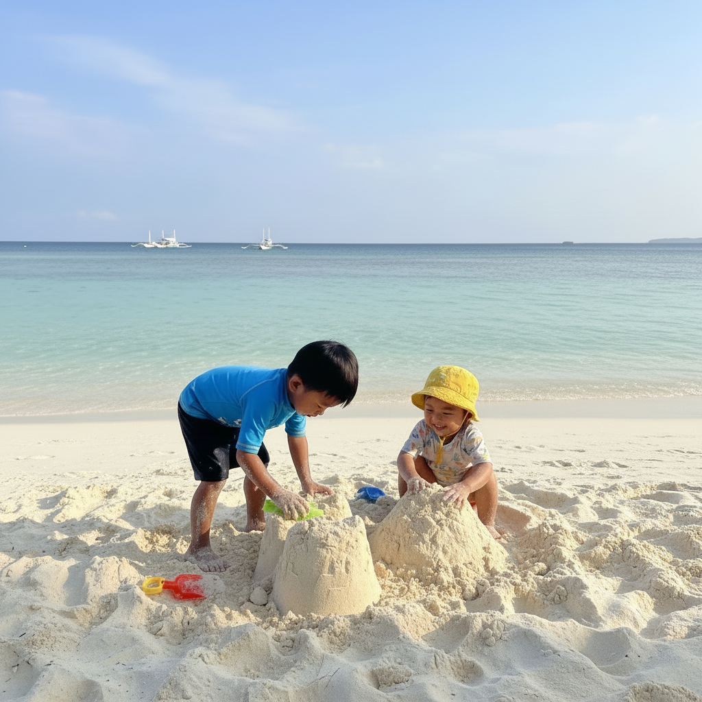 아이들이 화이트 비치에서 모래성을 쌓고 있는 모습, 뒤로는 에메랄드빛 바다가 펼쳐져 있다