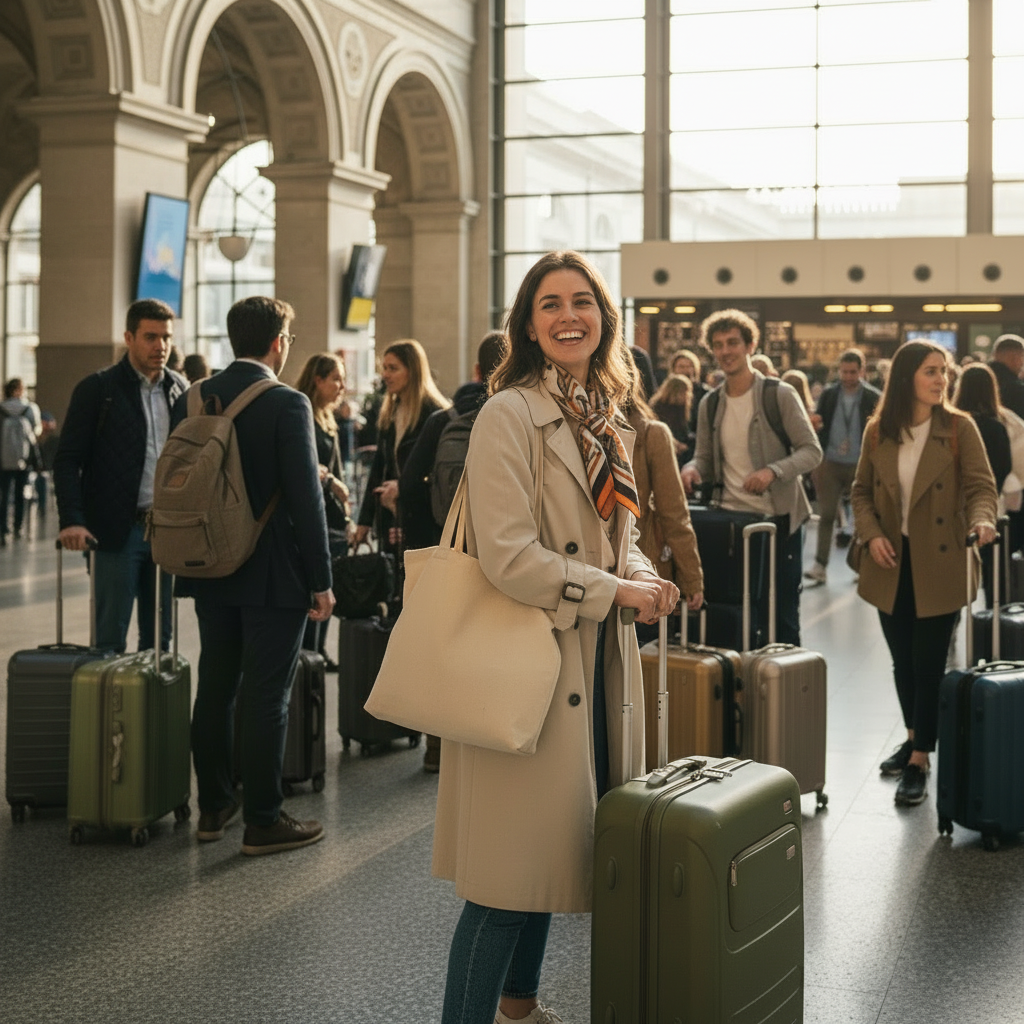 이탈리아 로마 공항에서 막 내린 여행객들의 활기찬 모습과 여행가방