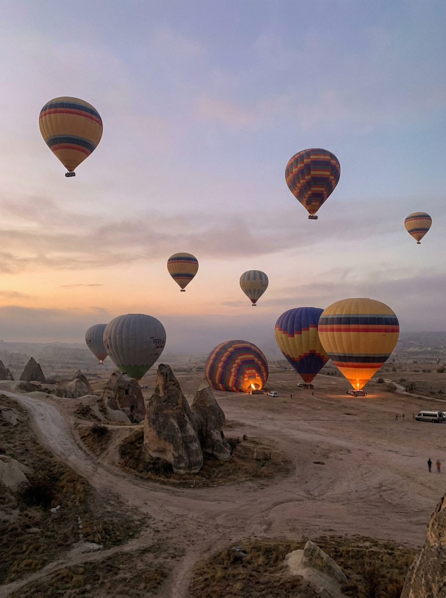 새벽 여명 속 수많은 열기구들이 떠오르는 풍경