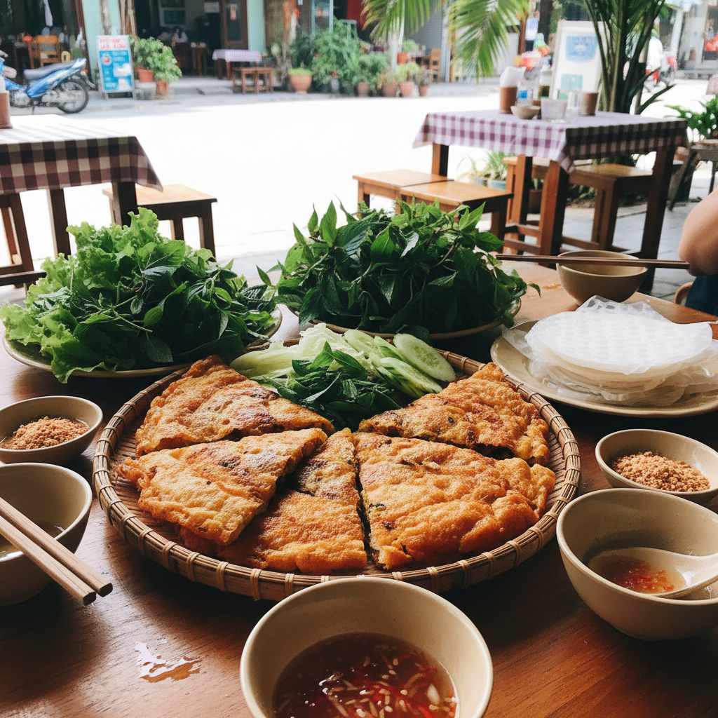 테이블 가득 차려진 베트남 반쎄오와 채소들