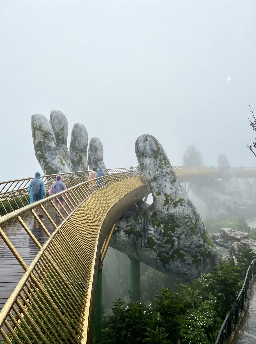 안개 낀 바나힐 골든 브릿지의 거대한 손