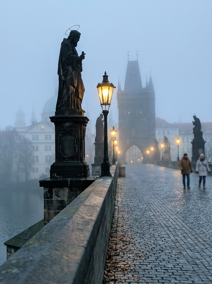새벽 안개가 낀 프라하 까를교