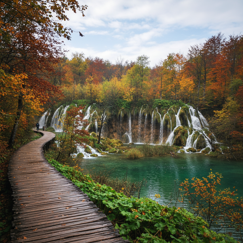 가을 단풍과 에메랄드빛 플리트비체 호수