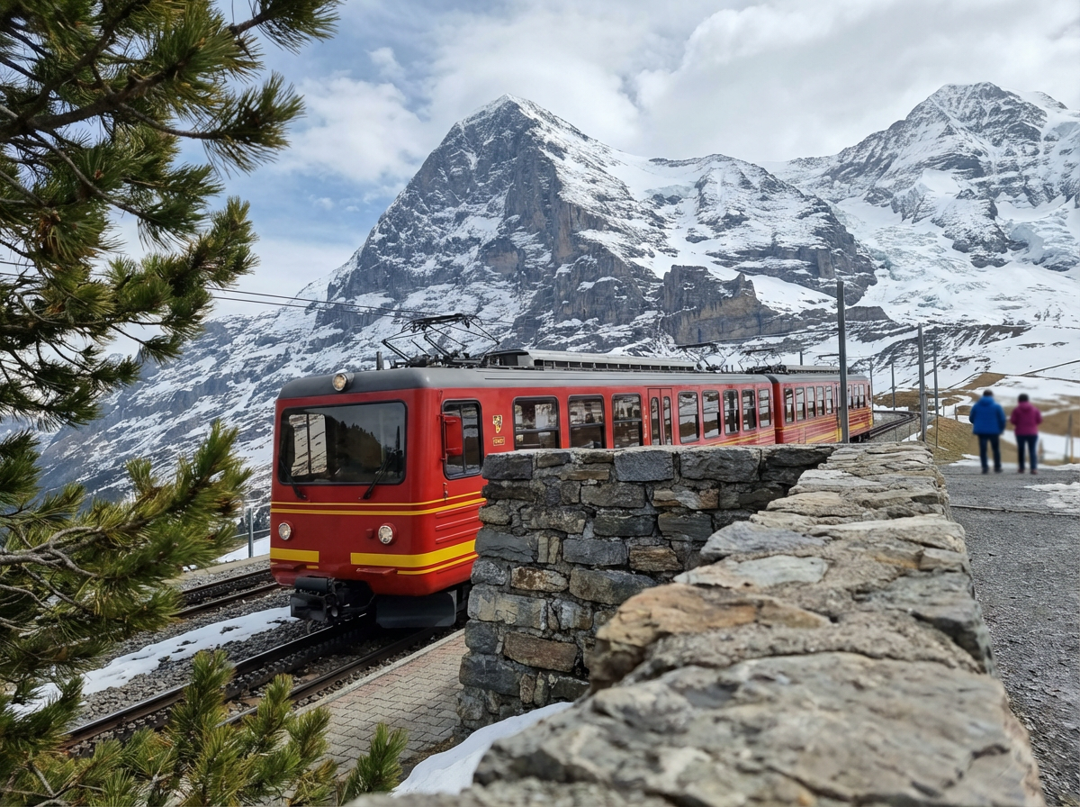 눈 덮인 융프라우 배경의 산악열차