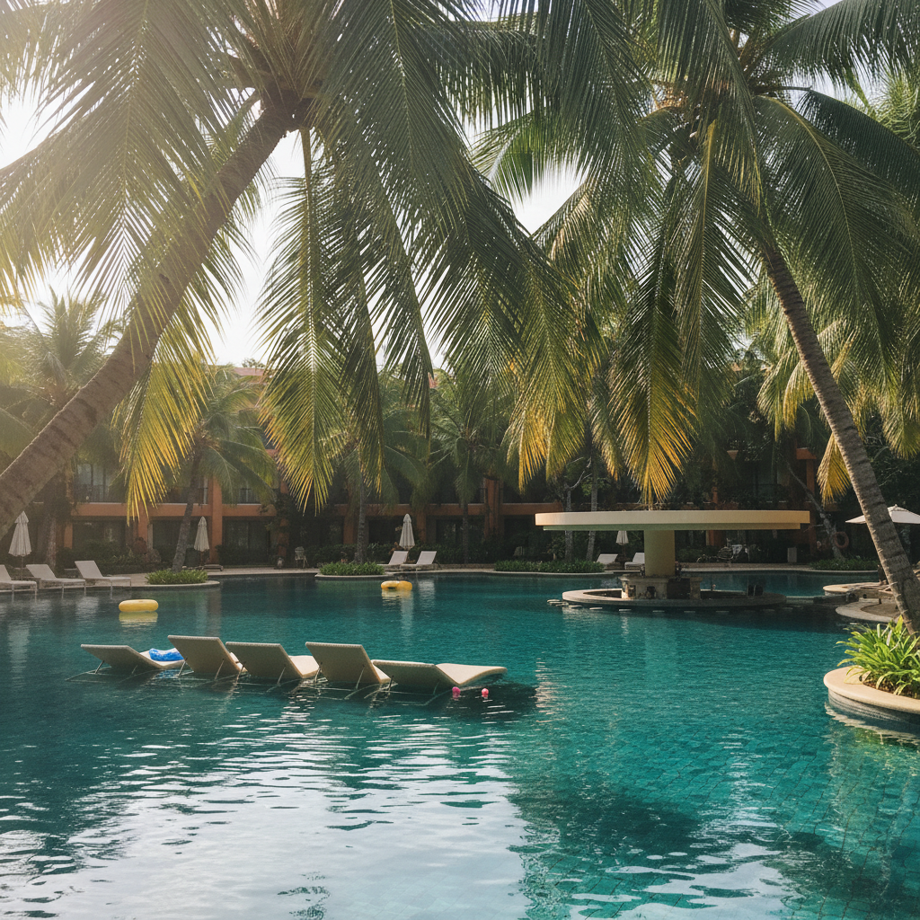 헤난가든 리조트의 야자수 그늘 아래 라군 풀