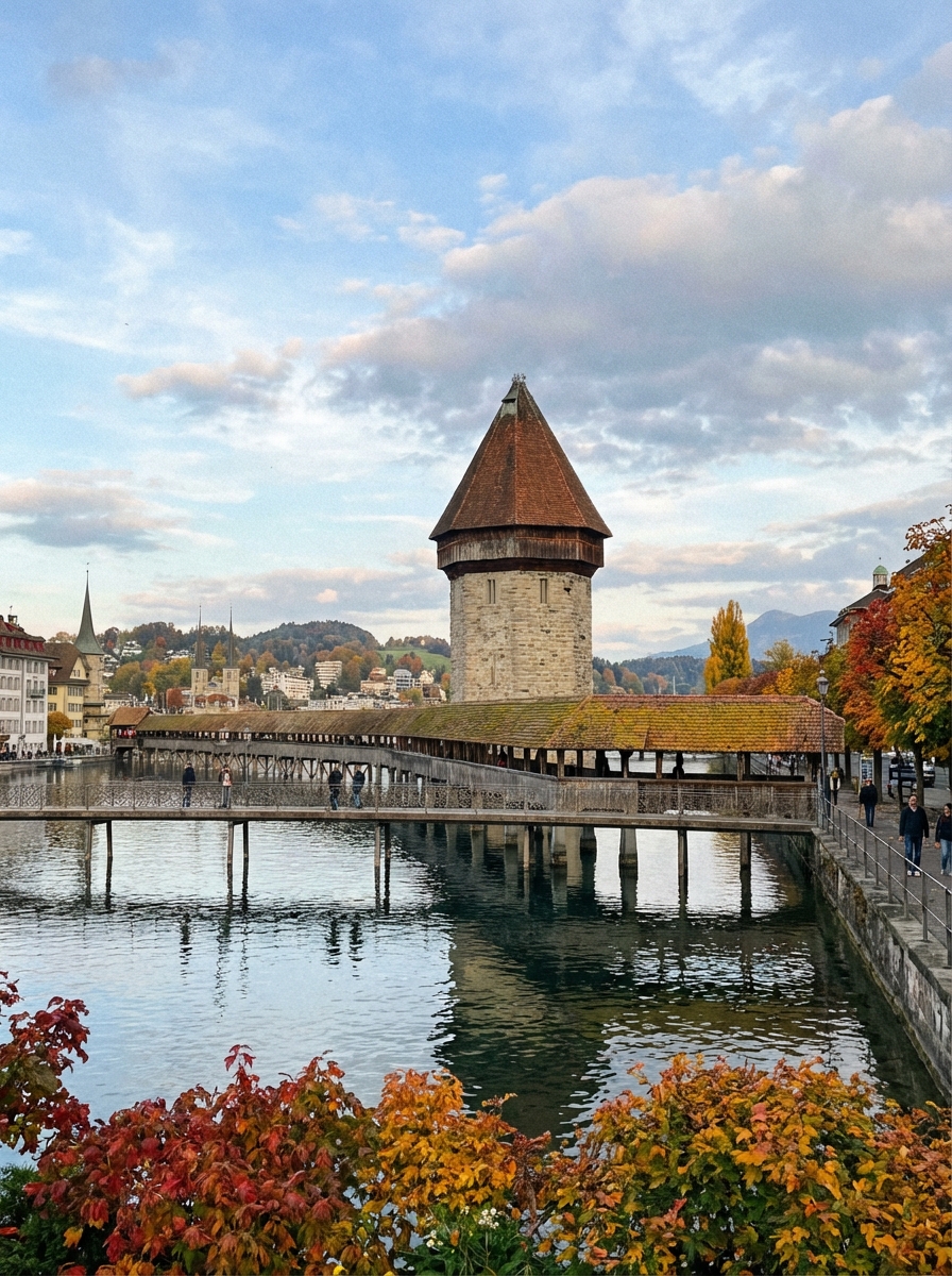 루체른 카펠교와 호수 단풍 뷰