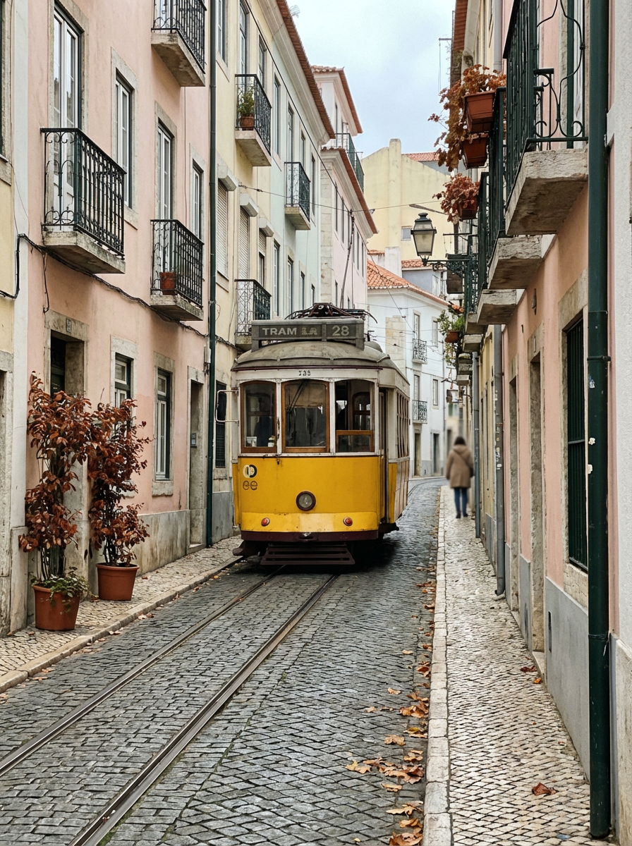 리스본의 노란 트램과 좁은 골목길