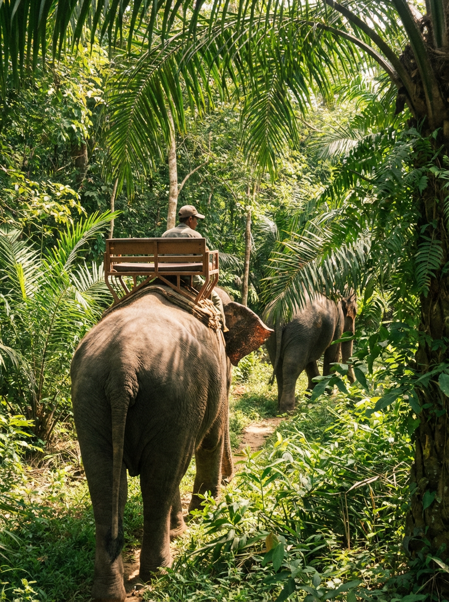 코끼리 트래킹 중 열대 숲 풍경