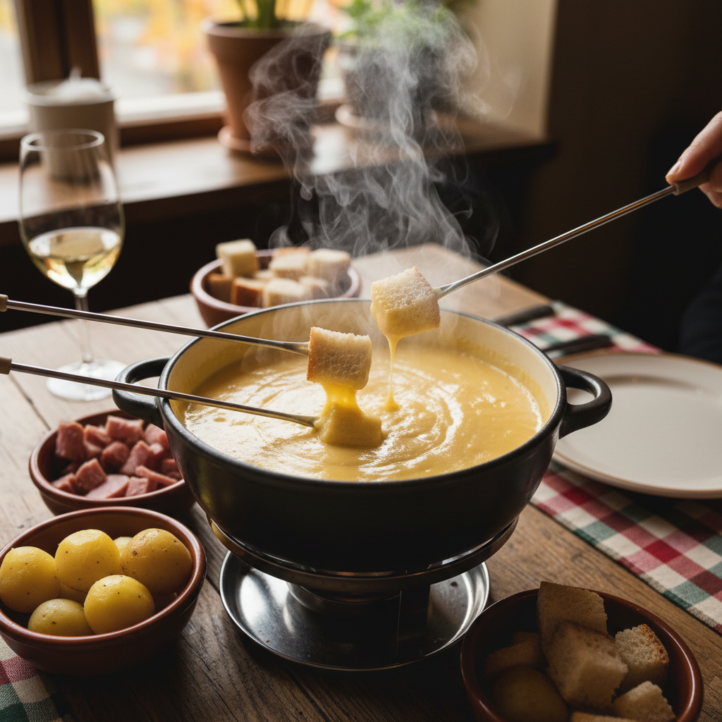 김이 모락모락 나는 스위스 치즈 퐁듀