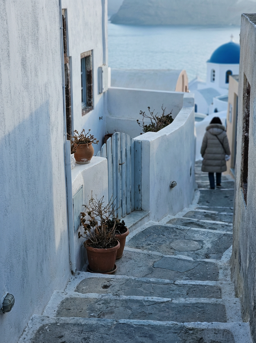 산토리니 이아 마을의 하얀 골목길