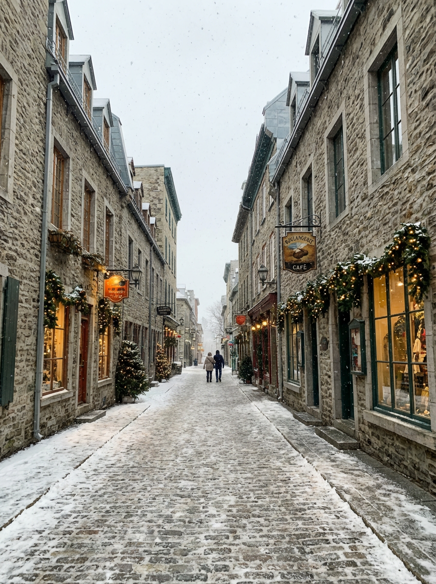 눈 덮인 퀘벡의 아기자기한 골목길