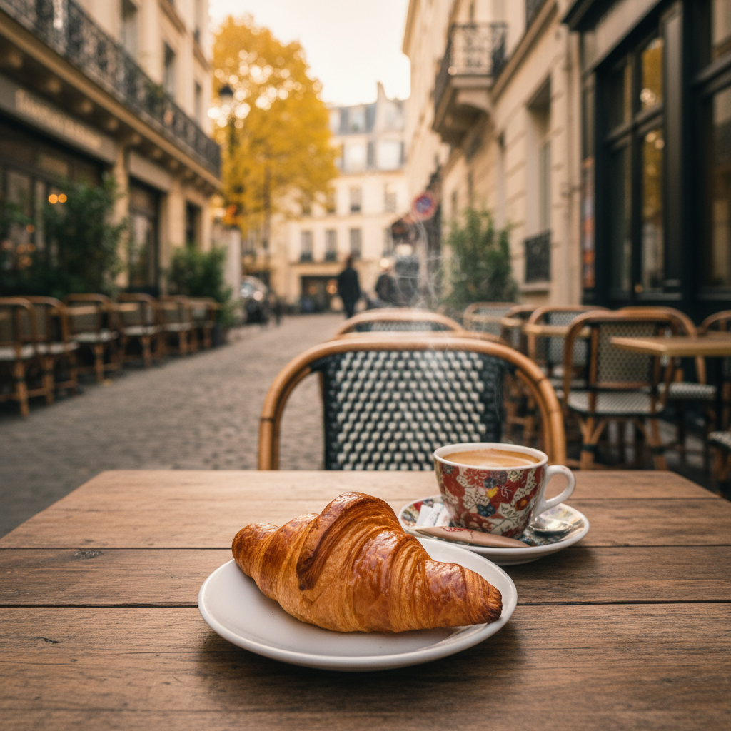 파리 카페 테이블 위 따뜻한 크루아상