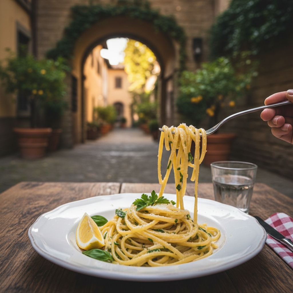 테이블 위에 놓인 먹음직스러운 이탈리아 파스타