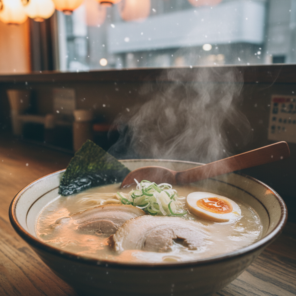 김이 모락모락 나는 돈코츠 라멘